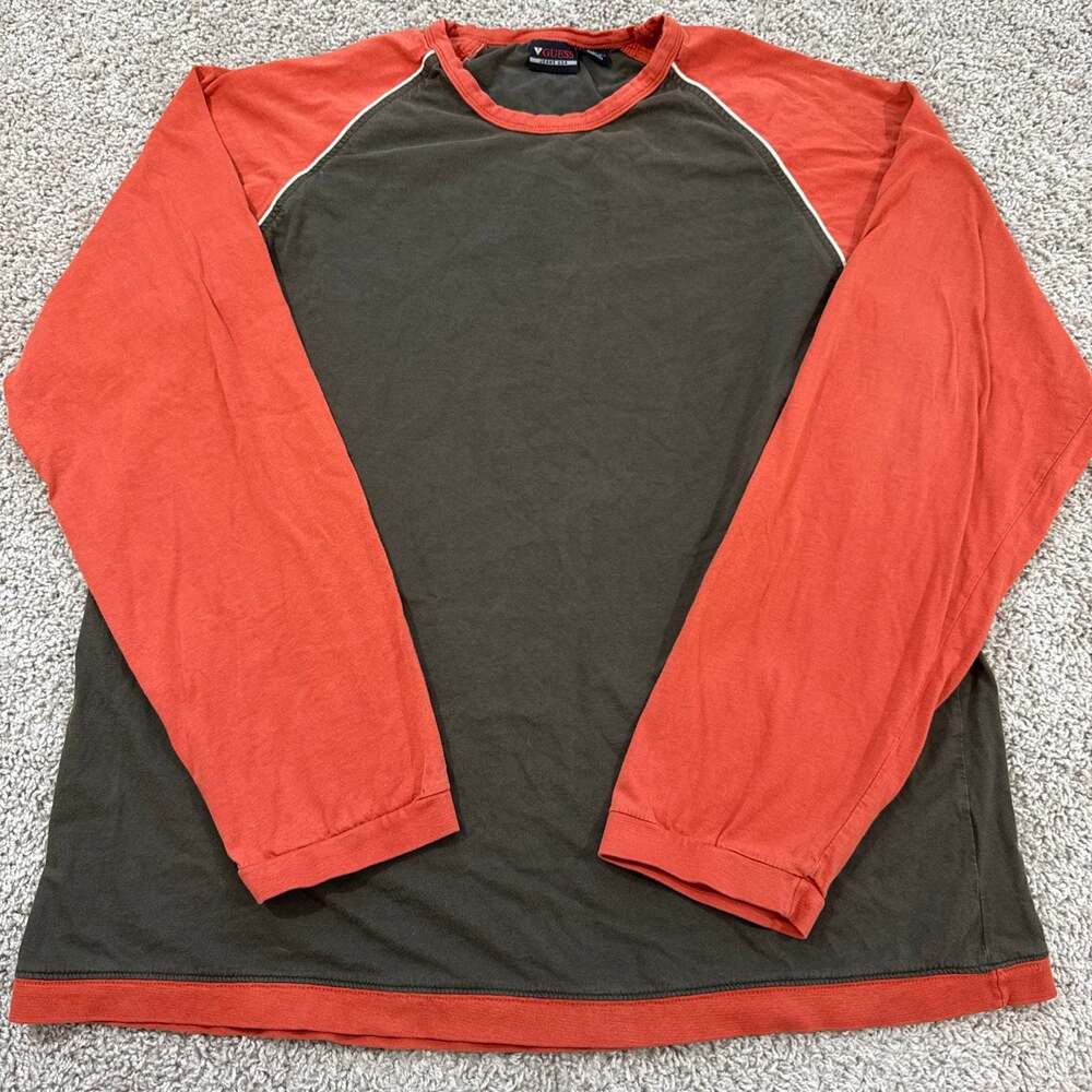 Guess USA Tradition Mens XXL Raglan Long Sleeve Shirt Olive Orange Vintage EUC